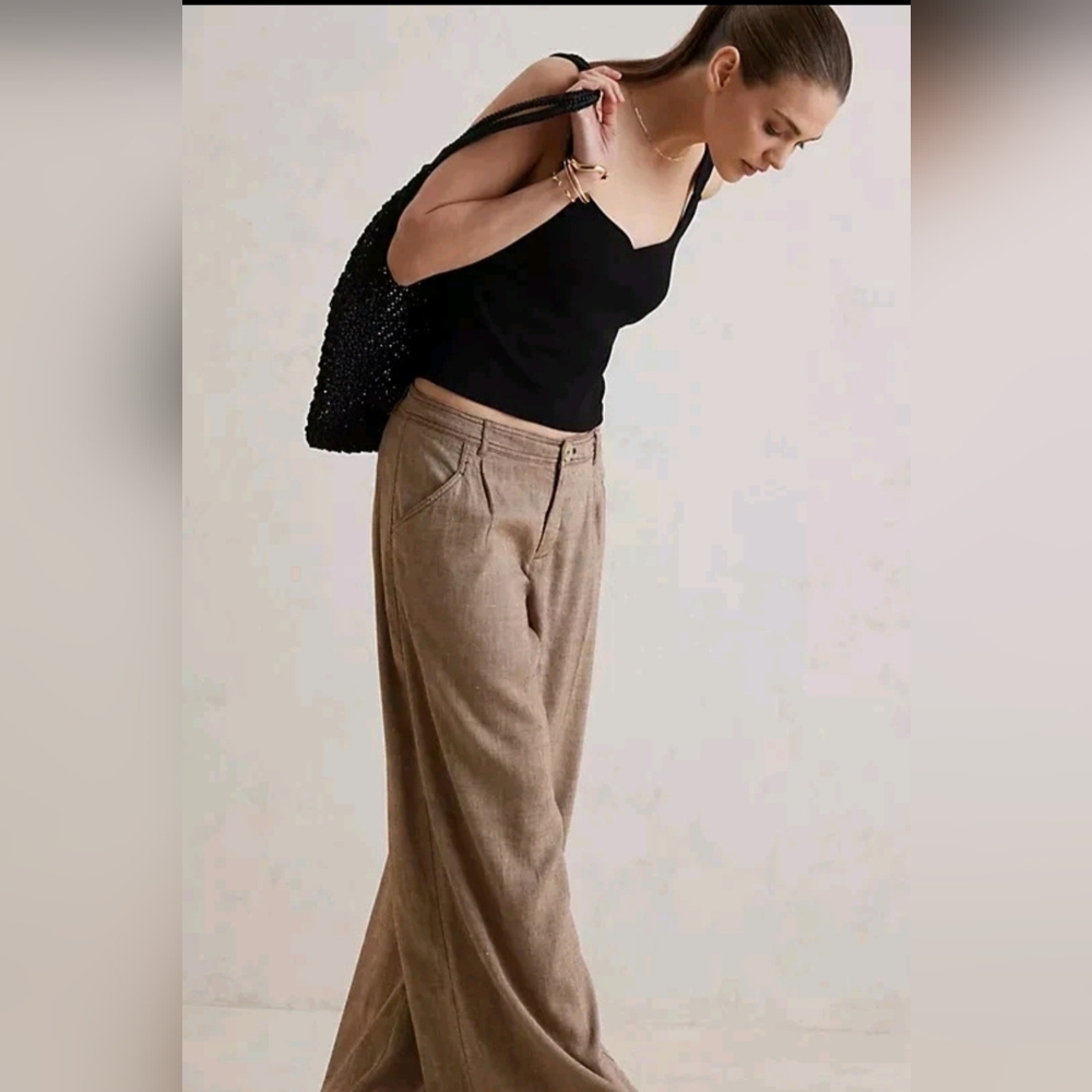Anthropologie Linen Low-Rise Wide Leg Pants Tan Beige Waist 29 - Picture 8 of 15